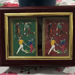 Vintage Set of Two Decks of Sports Themed Playing Cards Housed in Wooden box