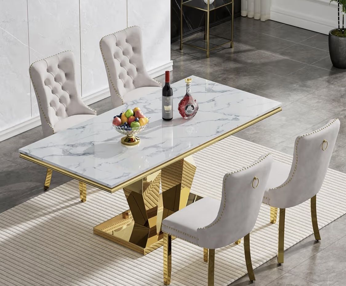 5 Piece Dining Table And 4 Chairs Set. Marble Top. 