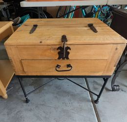 1980s Rustic Mexican Pine Lift-Top Box Chest on an Iron Base