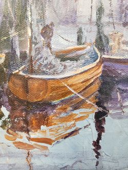 Oil Painting Seascape Harbor Boats Seagulls Port Seaport Scene By Michina.