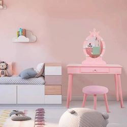 Children Makeup Vanity Table with Mirror& Stool.
