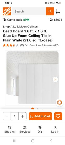 Deco Ceilings
Tiles A La Maison 1.6 ft. x 1.6 ft. Glue Up Foam Ceiling Tile  White 21.6 sq. ft./pack 12 packs