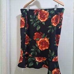 NYCC Skirt XL Black Floral Knee Length Pull On Pencil Slit