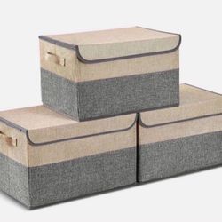 3Pcs Large Storage Bin w/ Lids Foldable Storage Box for Toys Clothes & Book Grey 15.7 x 11 x 9.84 inch