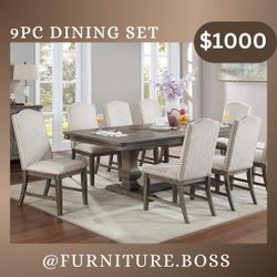 -94”L Wooden Dining Table + 8 Beige Linen Chairs-