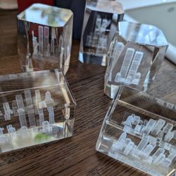 5) 9/11 Statue Paper Weight Glass World Trade Center Twin Towers Etched Paperweight September 11th 9 11