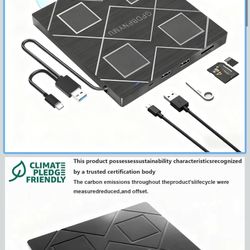 5-in-1 Extemal CD/DVD Drive for Laptop,USB 3.0 & Type-C Portable CD/DvD Rw Burner with SD/TF Card Reader &DVD-ROM Rewritable Player，Compatible with La