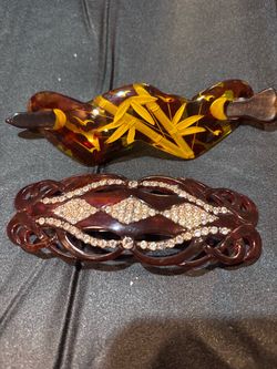 Vintage retro rhinestone tortoise rectangular hair barrette clip made in France