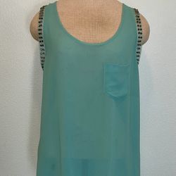 Guess Aqua Asymmetrical Sheer Top With Gold Studs On Shoulder Straps