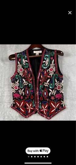 Vintage Niteline Della Roufogali Womens 8 Silk Beaded Vest Black Multicolor 90s