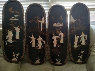 Set of 4 Chinese Lacquer Wall Panels with Mother of Pearl