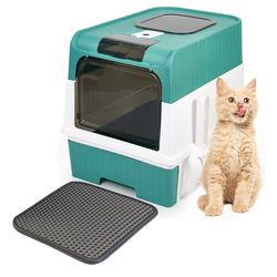 Cat Litter Box with Litter Mat, 18"x14"x13" Large Litter Box for Big Cats, Enclosed Removable Litter Boxs, Front Entry Top Exit Kitty Box, Odor Contro