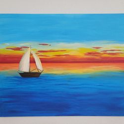 11x14 Acrylic Painting Original Sunset With Boat Hand Painted Hand Made