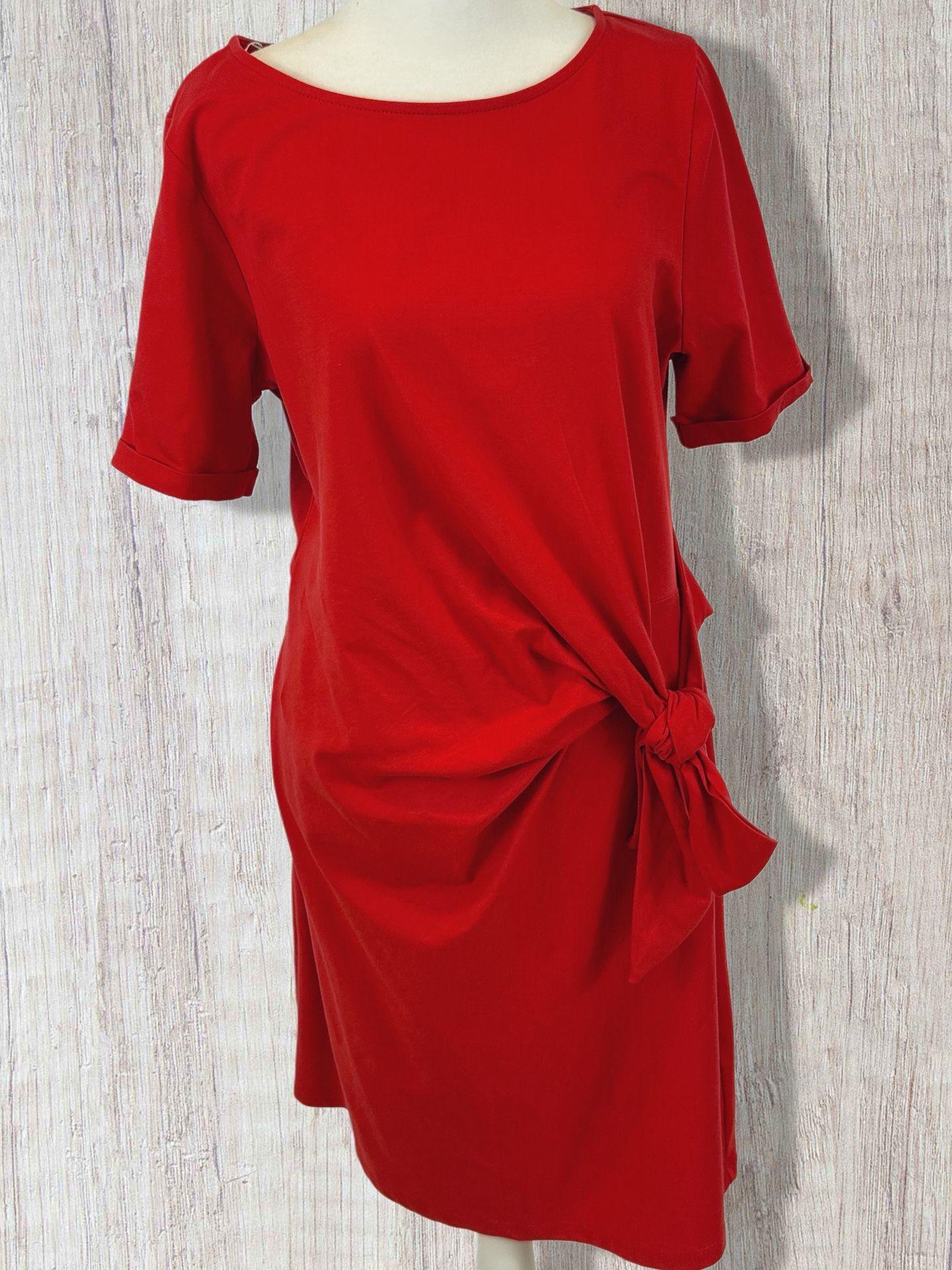 DKNY 2025 Women Red Stretch Cotton Knit Shift Dress With Side Tie Bow, Sz.M NWT