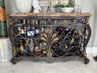 Ornate Wrought Iron Wine Bar Cabinet w/ Stone Top – Tuscan Old World Style