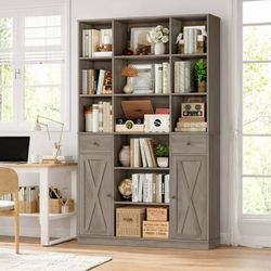 74.2" Tall Bookcases with 2 Drawers & Adjustable Book Shelf, 6 Tier Wooden Display Bookshelf Storage for Living Room Home Office, Gray