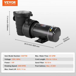 VEVOR Above Ground Pool Pump, 1HP, 80 GPM Max. Flow Single Speed Swimming Pool Pump, 120V 3450 RPM 36 ft Max. Head Lift Pool Pump with Filter Basket,