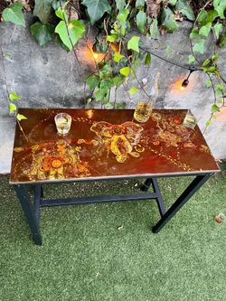 Hand-Painted Elephant Bar Table – Boho Art Desk, Resin Top