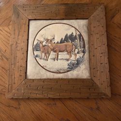 Wooden Frame with Pillowy Quilted Deer Scene Center 