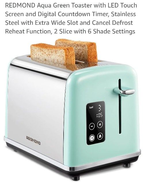 2 Slice Toaster, REDMOND Aqua Green Toaster with LED Touch Screen, Digital Countdown Timer