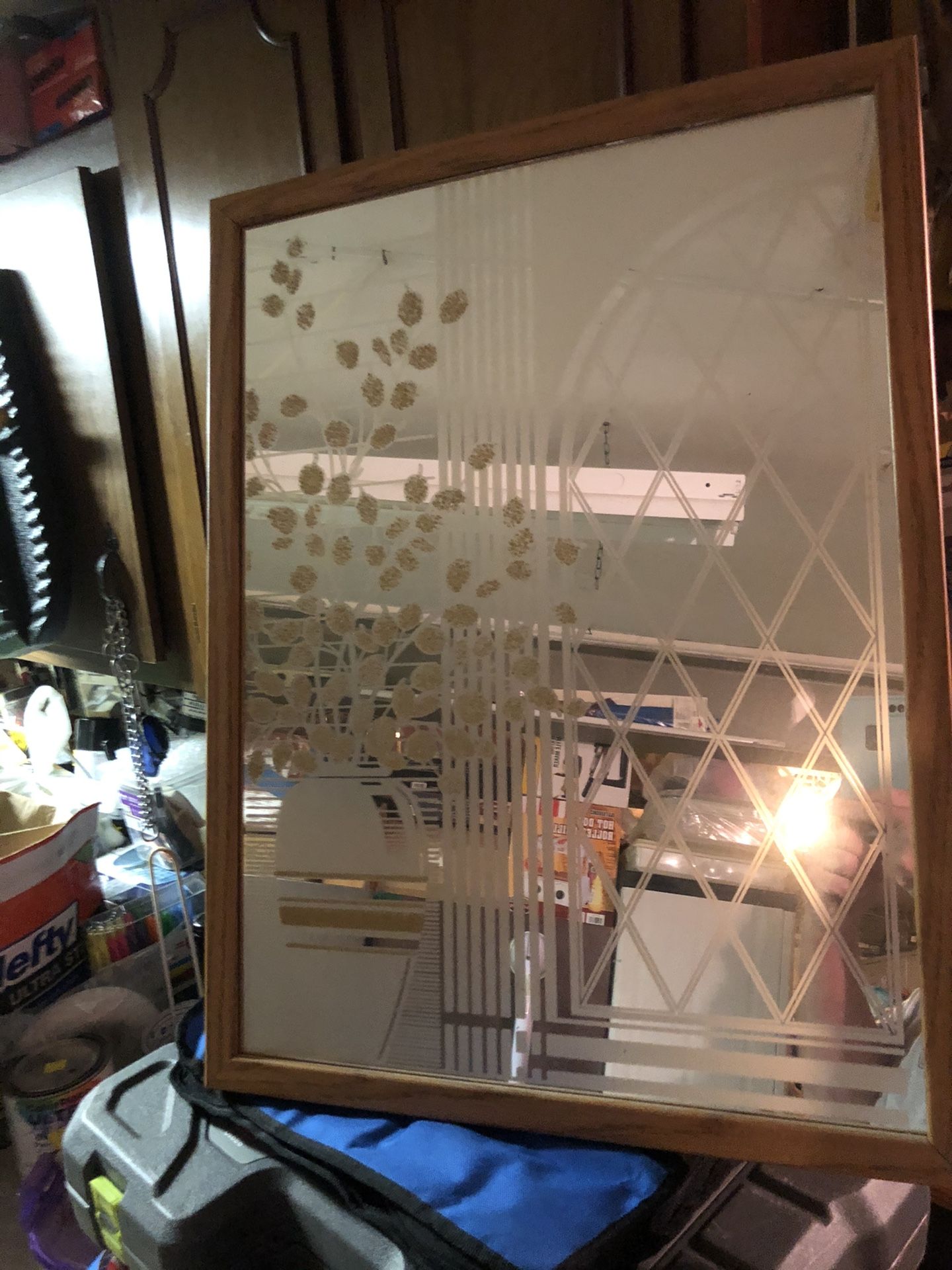 Vintage Screen Printed Decorative Mirror, wooden framed, 19 1/2”wide x 25 1/2” tall
