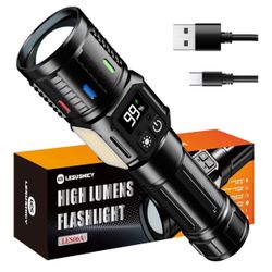 Rechargeable Flashlights High Lumens 10000, Super Bright LED Flash Light Long Lasting USB C LCD Display, Daul Light Source & Buttons with Red Light