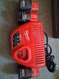 Three Milwaukee M12 Lithium-Ion Batterys with Charger (model 48-59-2401).It is designed specifically for 12-volt Milwaukee battery packs.The unit feat