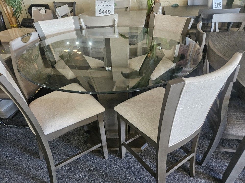 Brand New 54" Round Glass Counter High Dining Table + 4 White Linen Chairs