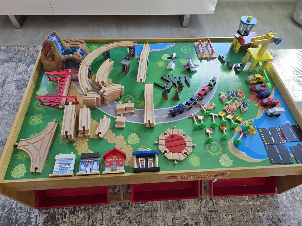KidKraft Waterfall Mountain Wooden Train Set Table with 3 storage bins