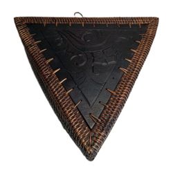 Vintage Indonesian Woven Rattan Basket Box Carved Wood Lid Triangle 11 Inch