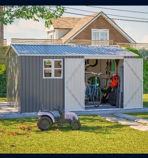 12x10 FT Outdoor Storage Shed Metal, Large Garden Tool Sheds Outdoor with Lockable Doors, Waterproof Steel Utility Storage Building, Heavy Duty Equipm