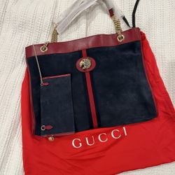 Gucci Rajah Tote Blue Suede Red Leather New With Dustbag