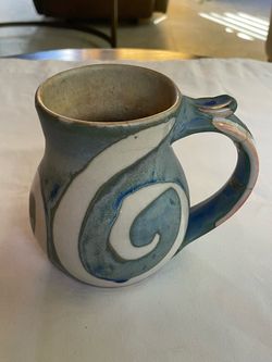 Handmade Studio Art Pottery Mug (Blue and White Swirl Glaze with Sculptural Thumb-Rest Handle)