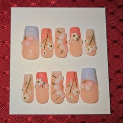 Press-On Nails | Long Square | Peach w/ Pastel Tips & 3D Flowers (#15)