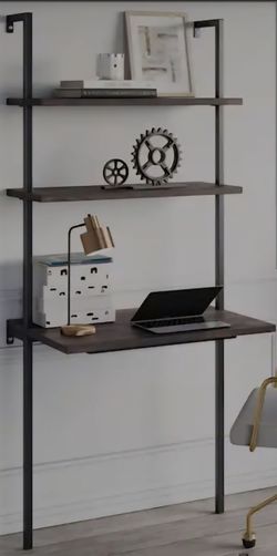 Wall-Mount Ladder Writing Desk Table Small Computer Table Bookcase 2-Shelf-Nutmeg and Black