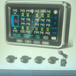 NEW RV Tire Pressure Monitoring System. 4.5" Color TPMS Sensors Set of 4 w/Flow Thru Sensors,0-199PSI, No Removal Inflation, 6 Alerts Monitor for Car