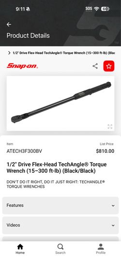 SNAP ON  !!1/2" Drive Flex-Head TechAngle® Torque Wrench (15-300 ft-b) (Black/ Black)