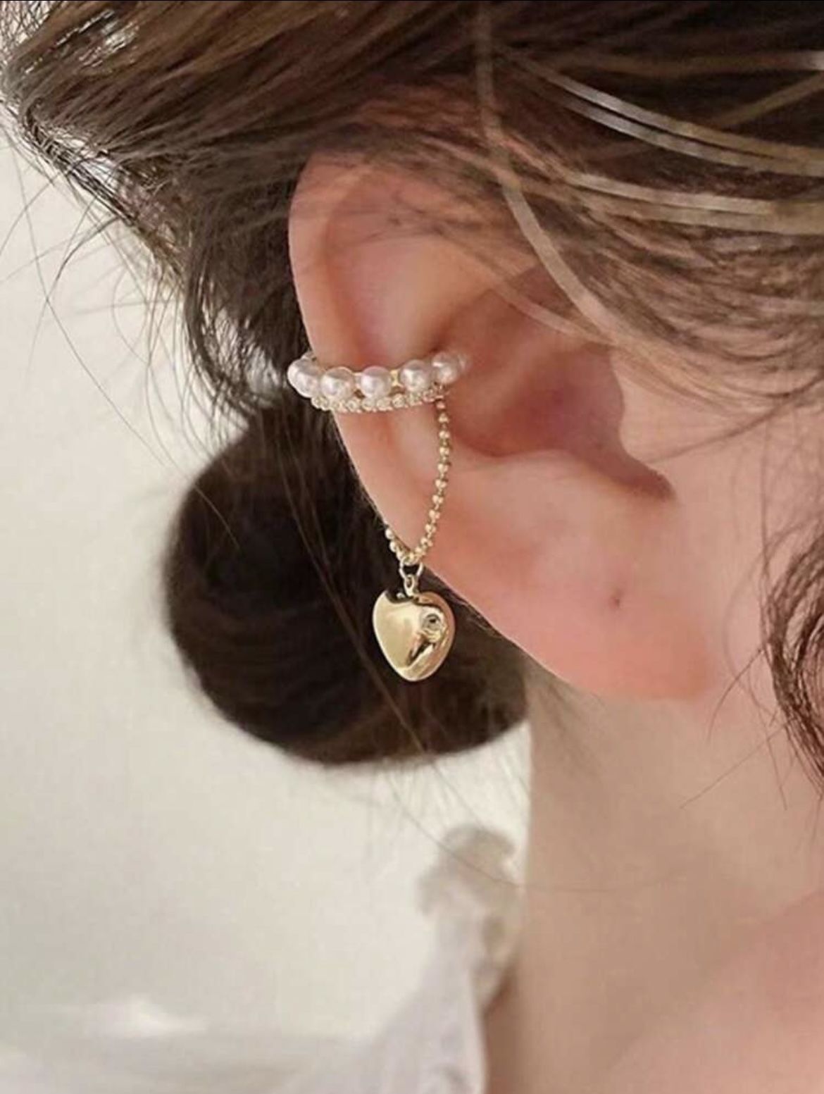 Brand New Elegant 14K Gold Plated Heart Rhinestone Faux Pearl Ear Cuff Clip