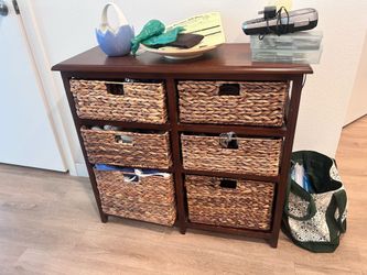 Wood Storage Cabinet with 6 Woven Wicker Basket Drawers – Console/Entryway