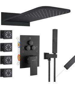 LargeMatte Black Shower System,Push Button Diverter Shower Faucet