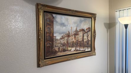 Original Oil Painting on Canvas – Venice Canal – Ornate Gold Frame