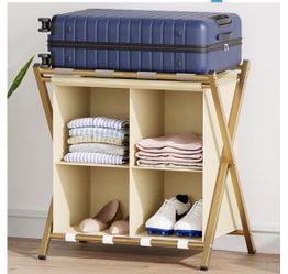 Luggage Rack with storage, Guest Room Folding Suitcase Stands, Holds up to 120 lb, Space Saving Suitcase Holders for guest room, Bedroom Hotel, Gold