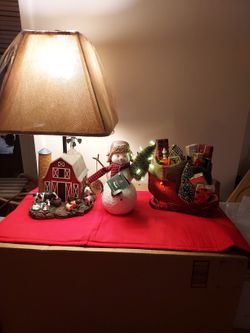 CHRISTMAS BARN,  LIGHTED MUSICAL SNOWMAN AND SLEIGH 