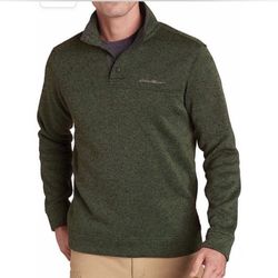 Eddie Bauer Pullover Radiator  Sweater Mens Size XL  Green 3 Snap Mock Neck Long Sleeve Fleece Lined