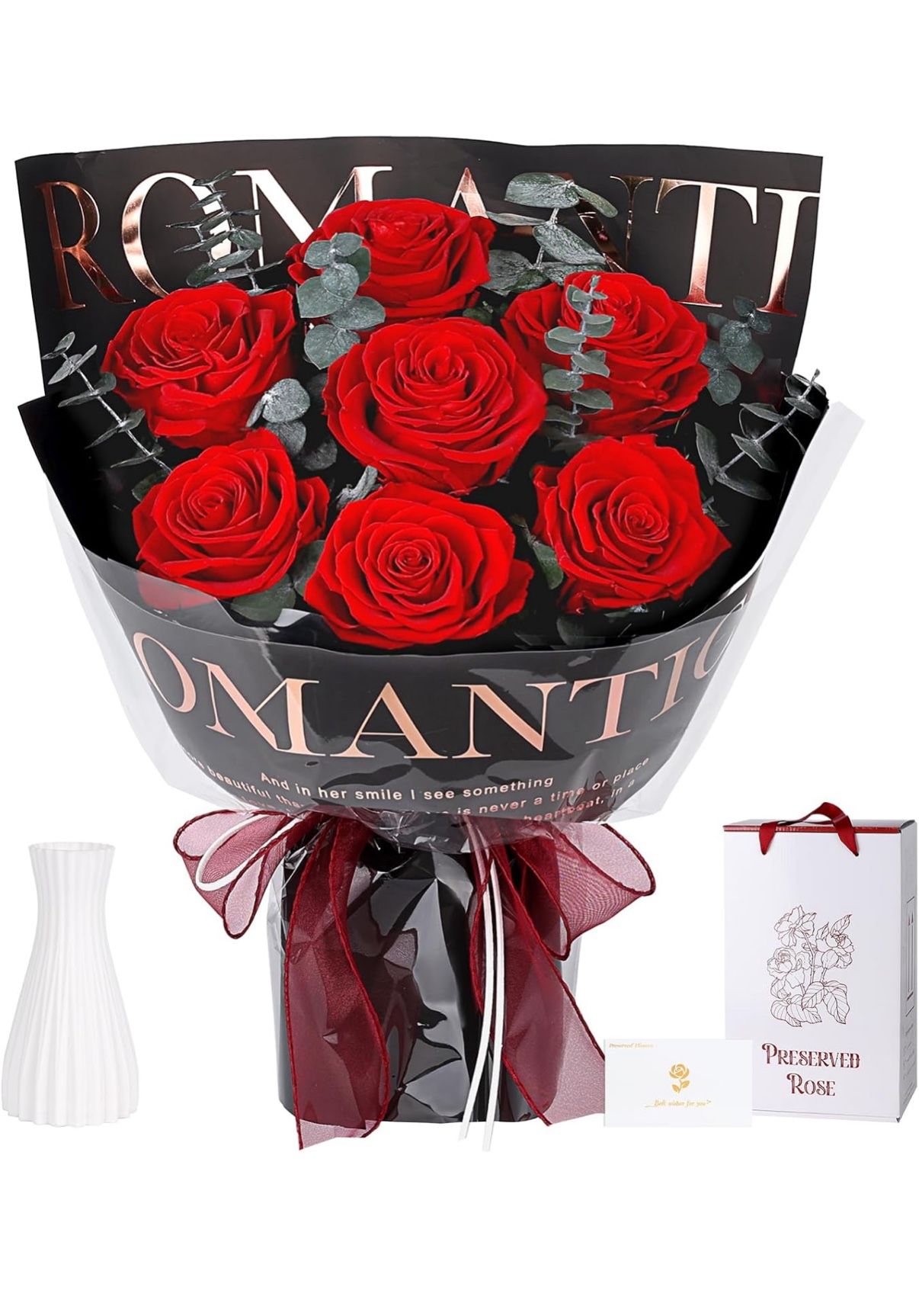 Preserved Flowers Bouquet 7 Roses - Red Real Rose & Flowers for Delivery, Long-Lasting Flower with Gift Box, Eternal Roses Bouquet for Mothers, Mom, W
