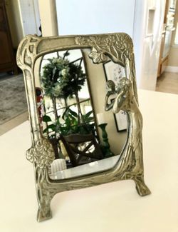 Solid Brass Art Nouveau Lady by the Lake Vanity Top Mirror 8.25” X 5.75”