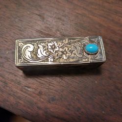 VINTAGE 1940'S SILVER AND TURQUOISE LIPSTICK CASE WITH MIRROR 