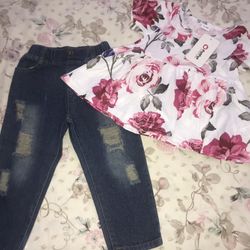 Toddler Floral Shirt & Jeans Set SZ:18-24M