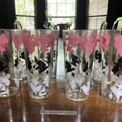 1950s Glassware Pink/black/white Complete Set Of 8