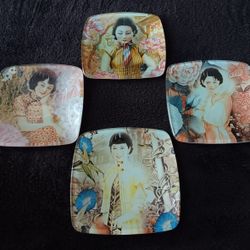4 Vintage Asian Geisha Girls Square Trinket Glass Plates 